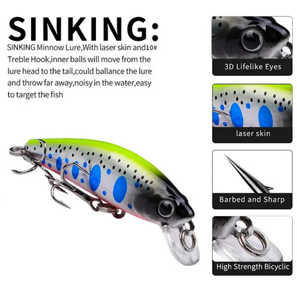 3D Eyes Artificial Bait Sinking Fishing Lure 10# Hook 5.6cm 6.8g Minnow Fishing Lure Hard Artificial Swimbait Wholesale Lureswholesale