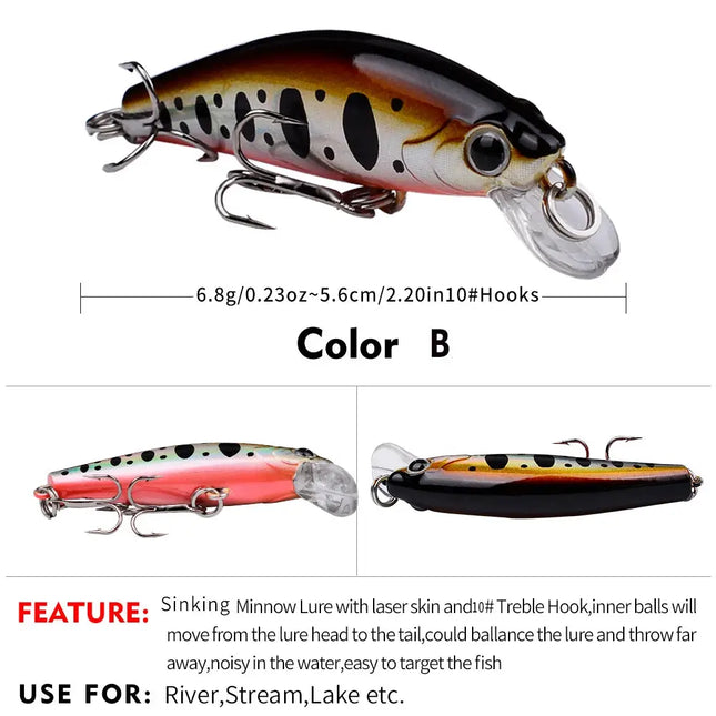 3D Eyes Artificial Bait Sinking Fishing Lure 10# Hook 5.6cm 6.8g Minnow Fishing Lure Hard Artificial Swimbait Wholesale Lureswholesale