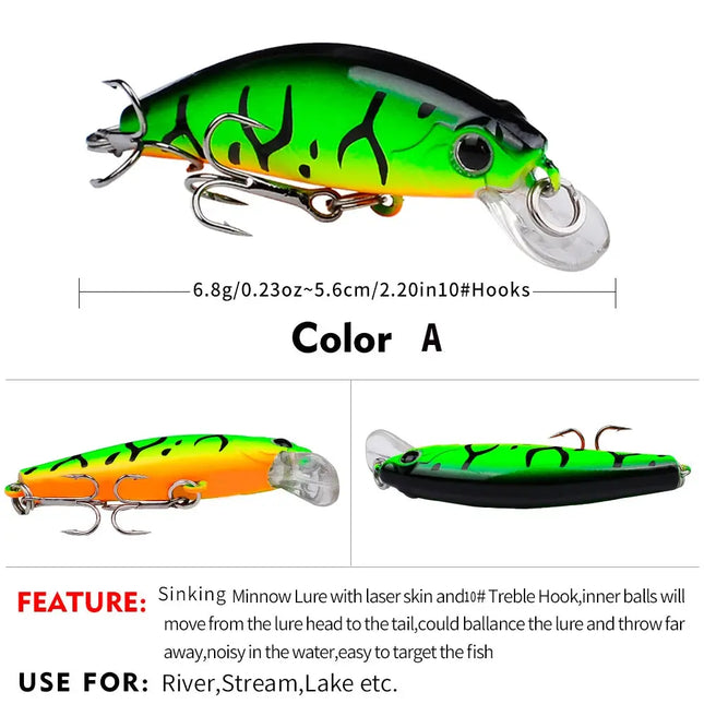 3D Eyes Artificial Bait Sinking Fishing Lure 10# Hook 5.6cm 6.8g Minnow Fishing Lure Hard Artificial Swimbait Wholesale Lureswholesale