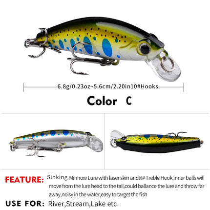 3D Eyes Artificial Bait Sinking Fishing Lure 10# Hook 5.6cm 6.8g Minnow Fishing Lure Hard Artificial Swimbait Wholesale Lureswholesale