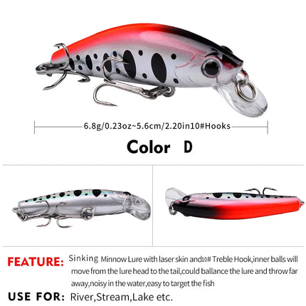 3D Eyes Artificial Bait Sinking Fishing Lure 10# Hook 5.6cm 6.8g Minnow Fishing Lure Hard Artificial Swimbait Wholesale Lureswholesale