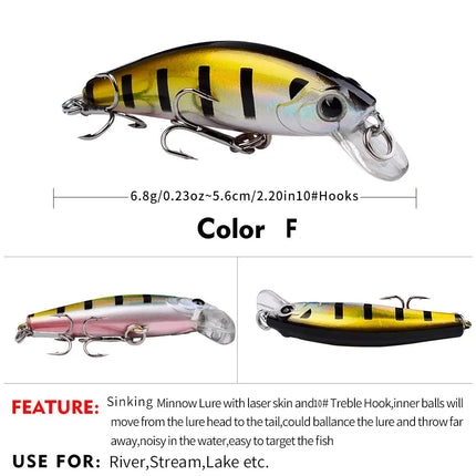 3D Eyes Artificial Bait Sinking Fishing Lure 10# Hook 5.6cm 6.8g Minnow Fishing Lure Hard Artificial Swimbait Wholesale Lureswholesale