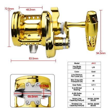 5.7:1 Trolling Reel Aluminum CNC Saltwater Big Game Fishing Reel Molinete Pesca Conventional Boat Jigging Reel Lureswholesale