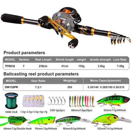 Baitcasting Reel and Rod Combo Kits Telescopic Pole with Spinning Reel Set Bass Fishing Tackle Gift Lureswholesale