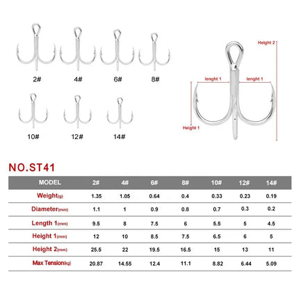 Blood Treble Fishing Hooks High Carbon Steel Hooks 2# 4# 6# 8# 10# 12# High Strength Hooks Tackle ST41 Lureswholesale