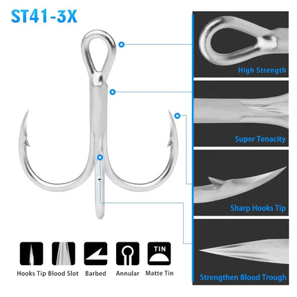 Blood Treble Fishing Hooks High Carbon Steel Hooks 2# 4# 6# 8# 10# 12# High Strength Hooks Tackle ST41 Lureswholesale