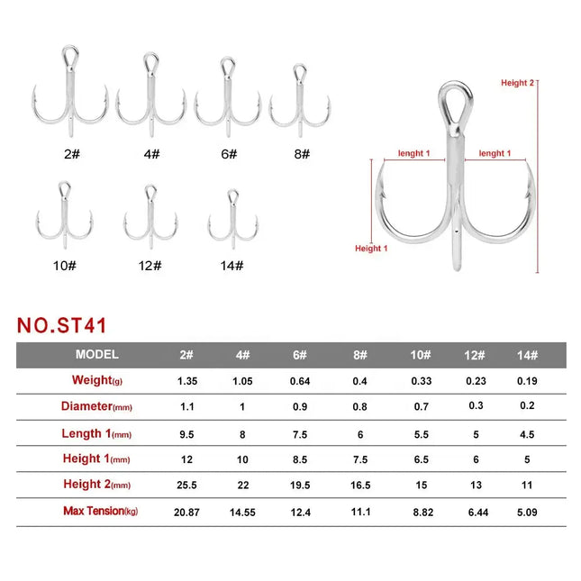 Blood Treble Fishing Hooks High Carbon Steel Hooks 2# 4# 6# 8# 10# 12# High Strength Hooks Tackle ST41 Lureswholesale