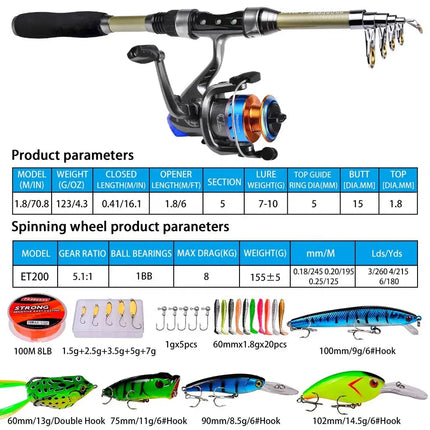 Carbon Fiber Telescopic Fishing Pole with Spinning Reel and Rod Combos Sea Saltwater Freshwater Ice Bass Fishing Tackle Set Lureswholesale