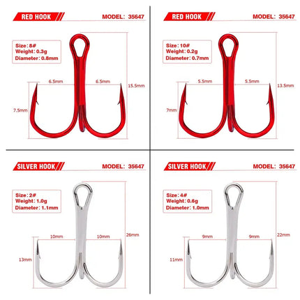 Classic Fishing Treble Hooks Red High Carbon Steel FishHook 2# 4# 6# 8# 10# Fishing Equipment 50pcs/bag Lureswholesale