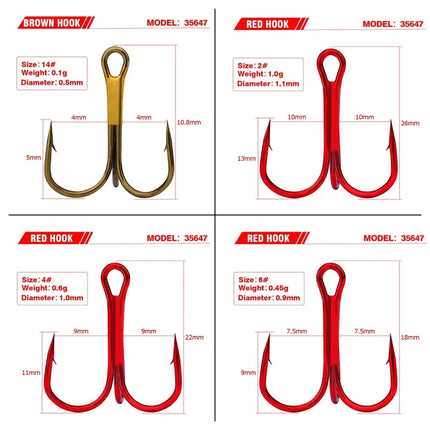 Classic Fishing Treble Hooks Red High Carbon Steel FishHook 2# 4# 6# 8# 10# Fishing Equipment 50pcs/bag Lureswholesale