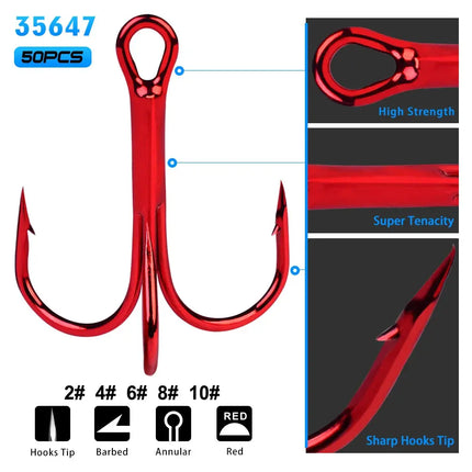 Classic Fishing Treble Hooks Red High Carbon Steel FishHook 2# 4# 6# 8# 10# Fishing Equipment 50pcs/bag Lureswholesale