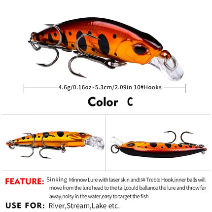 Deep Sinking Minnow Fishing Lure 5.3cm 4.6g Plastic Hard Bait Crankbait Bass Fishing Tackle Lureswholesale