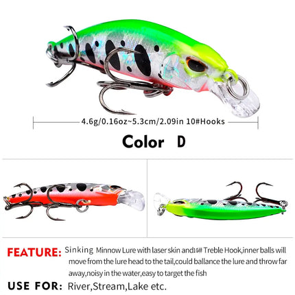 Deep Sinking Minnow Fishing Lure 5.3cm 4.6g Plastic Hard Bait Crankbait Bass Fishing Tackle Lureswholesale