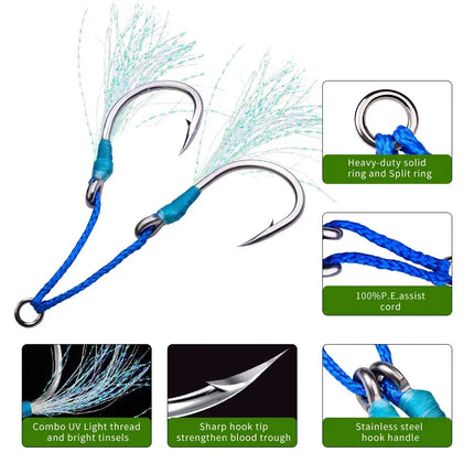 Double Assist Jig Fishing Hook Jig Lure Stainless Steel Slow Jigging Twin Assist Hook Set with Feather for Fishing Attract Lureswholesale