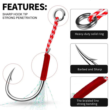 Fishing Hook Slow Jigging Cast Jigs Assist Hook Barbed Single Jig Hooks Thread Feather Pesca High Carbon Steel Fishhook Lureswholesale