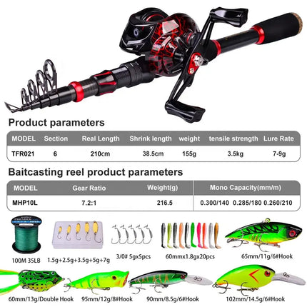 Fishing Rod and Reel Combo Carbon Fiber Telescopic Pole with Spinning Baitcasting Reel Kits Bass Fishing Tackle Set Lureswholesale