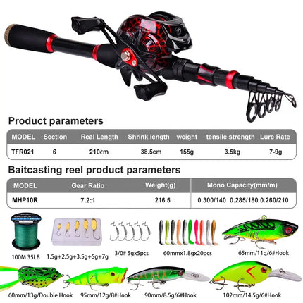 Fishing Rod and Reel Combo Carbon Fiber Telescopic Pole with Spinning Baitcasting Reel Kits Bass Fishing Tackle Set Lureswholesale