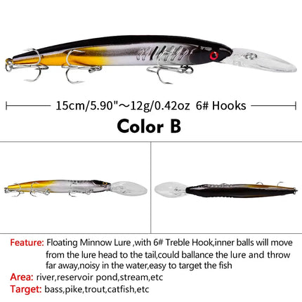 Floating Minnow Fishing Lure 15cm 12g Artificial Bassbaits Plastic Hard Lure Crankbait with Treble Hook Wobbers Lureswholesale