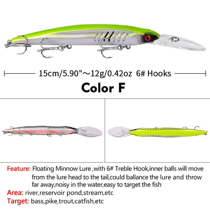 Floating Minnow Fishing Lure 15cm 12g Artificial Bassbaits Plastic Hard Lure Crankbait with Treble Hook Wobbers Lureswholesale