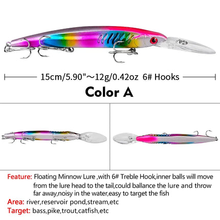 Floating Minnow Fishing Lure 15cm 12g Artificial Bassbaits Plastic Hard Lure Crankbait with Treble Hook Wobbers Lureswholesale