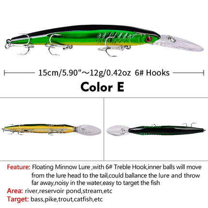 Floating Minnow Fishing Lure 15cm 12g Artificial Bassbaits Plastic Hard Lure Crankbait with Treble Hook Wobbers Lureswholesale