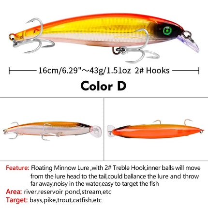 Floating Minnow Fishing Lure 16cm 43g Artificial Wobbers Plastic Hard Crank Bait With Treble Hook Lureswholesale