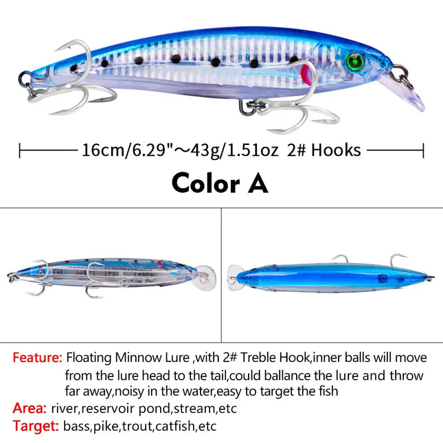 Floating Minnow Fishing Lure 16cm 43g Artificial Wobbers Plastic Hard Crank Bait With Treble Hook Lureswholesale