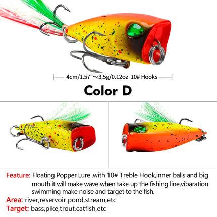 Floating Popper Lure with Feather 4cm 3.5g Topwater Popper Plastic Hard Bait Saltwater Fishing Tackle Lureswholesale