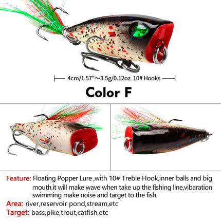 Floating Popper Lure with Feather 4cm 3.5g Topwater Popper Plastic Hard Bait Saltwater Fishing Tackle Lureswholesale