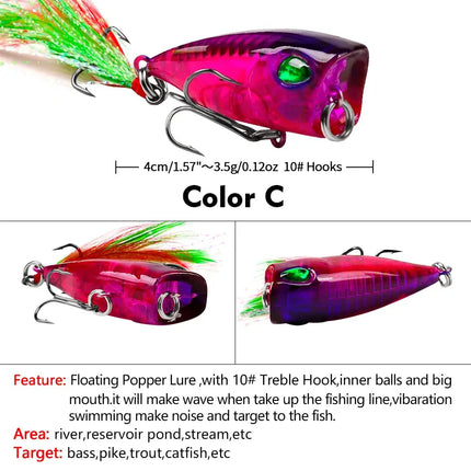 Floating Popper Lure with Feather 4cm 3.5g Topwater Popper Plastic Hard Bait Saltwater Fishing Tackle Lureswholesale