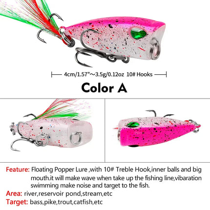 Floating Popper Lure with Feather 4cm 3.5g Topwater Popper Plastic Hard Bait Saltwater Fishing Tackle Lureswholesale