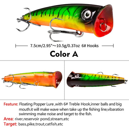 Lureswholesale® Topwater Popper Lure 7.5cm 10.5g Plastic Fishing Lure Hard Artificial Bass Bait Fishing Tackle - Lureswholesale