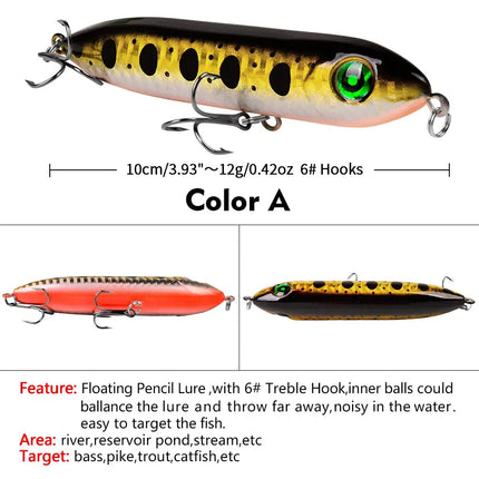 Lureswholesale® Top Water Pencil 10cm 12g Artificial Hard fishing Baits - Lureswholesale