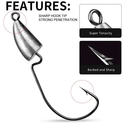 Lead Head Fishing Hook 5g 7g 10g 14g Bullet Jig Head Fish Hooks Weedless Offset Worm Hooks Texas Rigs Accessories Lureswholesale