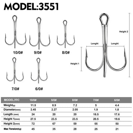 PROBEROS 4X Treble Fishing Hook High Carbon Steel Hook 6/0#-10/0# Fishhooks Fishing Tackle 10pcs/bag Lureswholesale