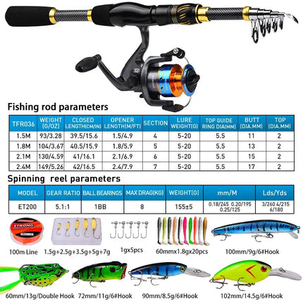 PROBEROS Fishing Reel and Rod Combo Kit 1.5m 1.8m 2.1m 2.4m Full Rod Set Complete Telescopic Fishing Pole And Reel Set Lureswholesale