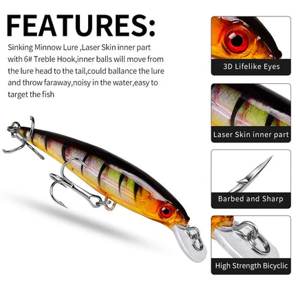 PROBEROS Sinking Minnow Lure With 6# Explosion Hook Hard Plastic Bait Artificial Fishing Lure Lureswholesale