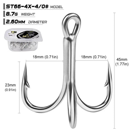 PROBEROS Treble Fishing Hooks 4X ST66 High Carbon Steel Hook 4#-5/0# High Strength Hooks Tackle 10pcs/box Lureswholesale