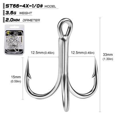 PROBEROS Treble Fishing Hooks 4X ST66 High Carbon Steel Hook 4#-5/0# High Strength Hooks Tackle 10pcs/box Lureswholesale