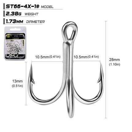 PROBEROS Treble Fishing Hooks 4X ST66 High Carbon Steel Hook 4#-5/0# High Strength Hooks Tackle 10pcs/box Lureswholesale