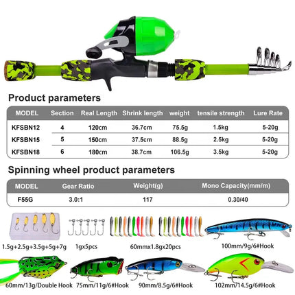 Portable Mini Telescopic Pole Kids Fishing Rod and Reel Combo Kit with Spincast Wheel and Tackle Box Lureswholesale