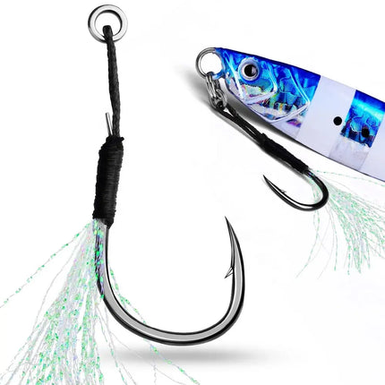 Single Assist Jig Hook Sea Pike Fishing Hook Saltwater High Carbon Steel Jigging Hook Assist Fishhooks with Glow Feather Lureswholesale