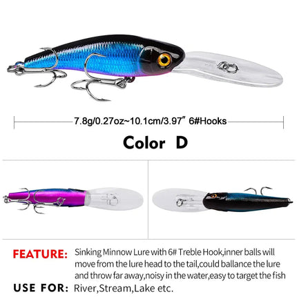 Sinking Minnow Fishing Lure 10cm 7.8g Artificial Plastic Bass Bait Crankbait with Treble Hook Wobbers Tackle Lureswholesale