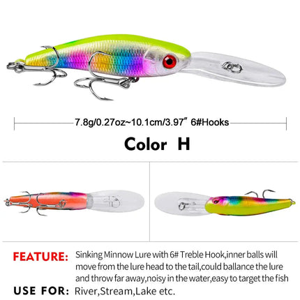 Sinking Minnow Fishing Lure 10cm 7.8g Artificial Plastic Bass Bait Crankbait with Treble Hook Wobbers Tackle Lureswholesale