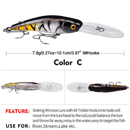 Sinking Minnow Fishing Lure 10cm 7.8g Artificial Plastic Bass Bait Crankbait with Treble Hook Wobbers Tackle Lureswholesale