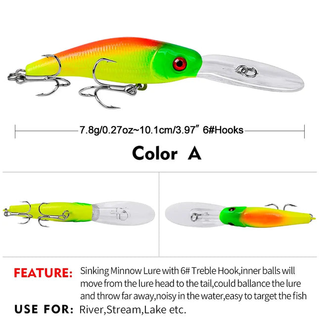 Sinking Minnow Fishing Lure 10cm 7.8g Artificial Plastic Bass Bait Crankbait with Treble Hook Wobbers Tackle Lureswholesale