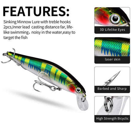 Sinking Minnow Fishing Lure 6cm 7.5cm 9cm 11cm Artificial Wobbers Plastic Hard Bassbait With Treble Hook Lureswholesale