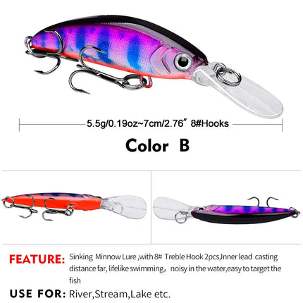 Sinking Minnow Lure ABS 7cm 5.5g Artificial Hard Plastic Jerkbait Sea Fishing Minnow Fishing Lure Bait Lureswholesale