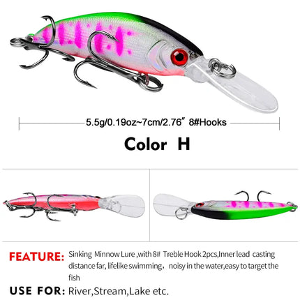 Sinking Minnow Lure ABS 7cm 5.5g Artificial Hard Plastic Jerkbait Sea Fishing Minnow Fishing Lure Bait Lureswholesale