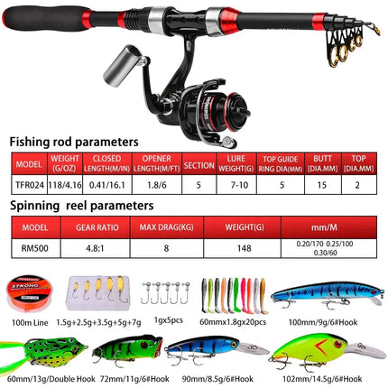 Spinning Telescopic Fishing Rod and Reel Combo Kit Set with Line Lures Hooks Reel and Carry Bag Fishing Tackle Lureswholesale